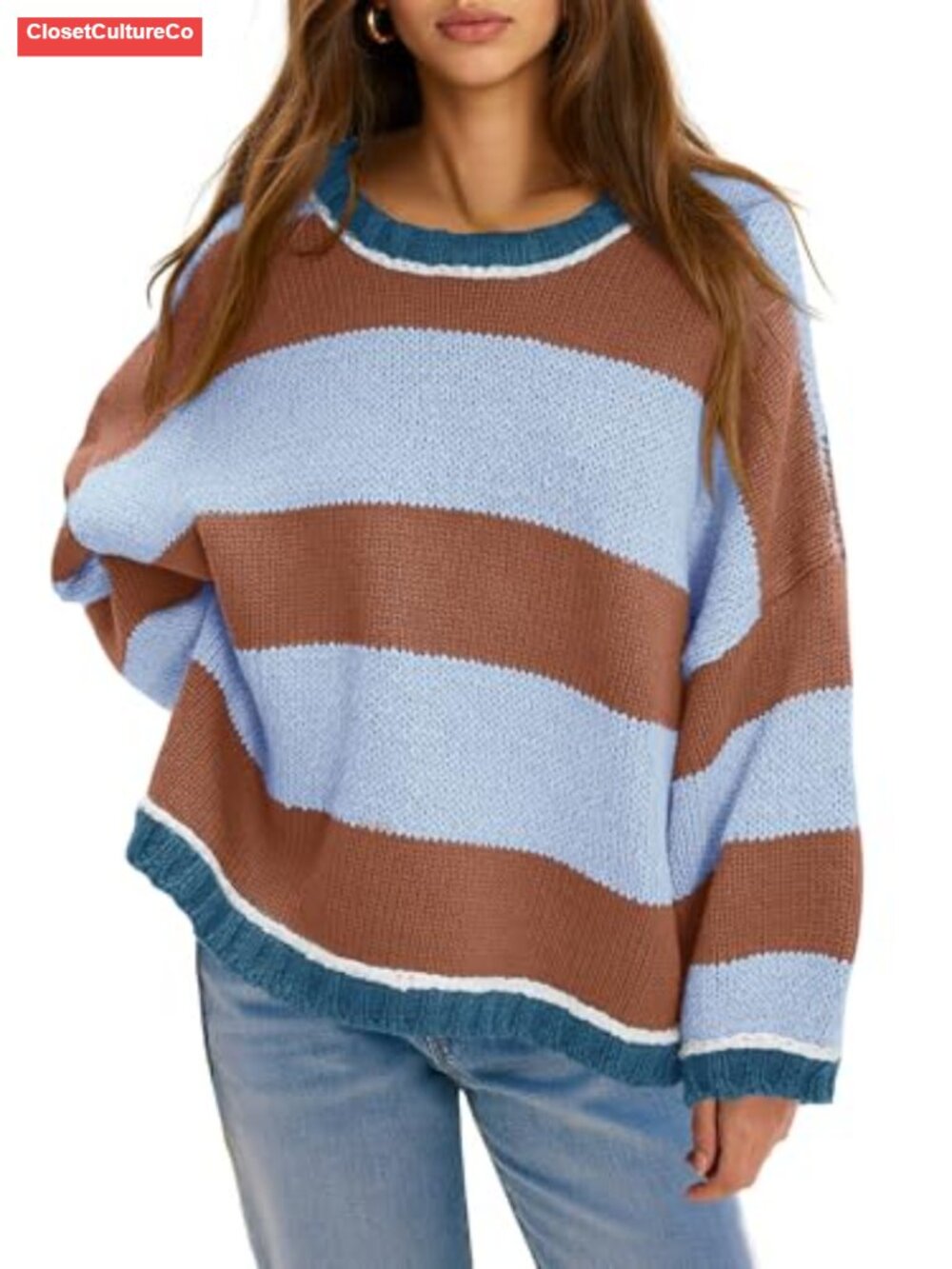 Oversized Striped Color Block Crewneck Knitted Pullover Sweater Women